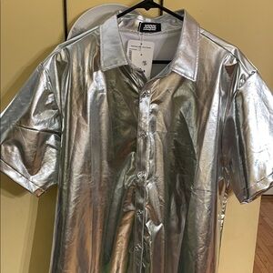 JOGAL Men's Metallic Silver Casual Button Down Shirt